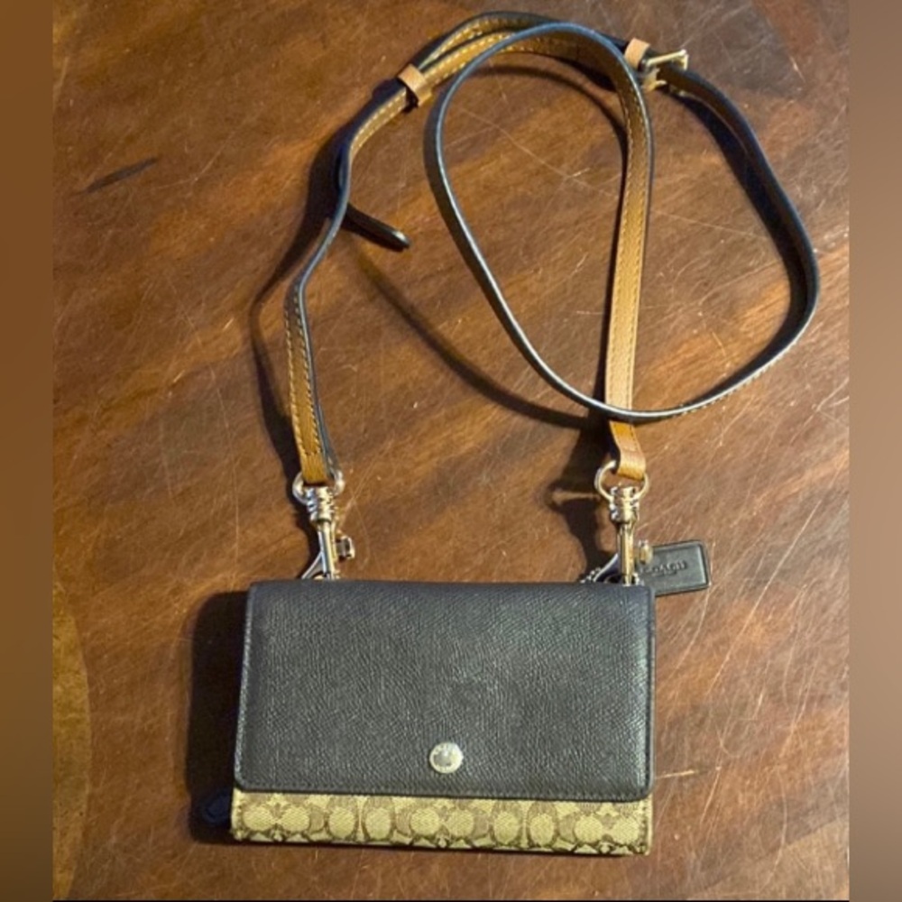 Coach Black and Tan Signature Trim Crossbody Wallet